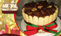 Torta deliciosa no tema de natal! Torta Natalina p/ 20 pessoas contendo biscoito Champagne, chocolate meio amargo, massa amanteigada, nozes, cerejas e decoração natalina, de R$ 80,00 por R$ 49,99.