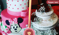 O bolo que vai ser a atenção da sua festa! Bolo de até 3 andares Decorado na Pasta Americana OU Naked Cake decorado com rosas naturais, a partir de R$ 89,90.