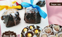 Guloseimas para deixar sua festa deliciosa! 25 Mini Brownies Embalados no Celofane + 25 Copinhos de Chocolates + 25 Mini Brownies Gourmet + 25 Chocolates Crocantes Decorados, de  R$ 200,00 por R$ 99,90.
