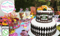 Lindo bolo para sua festa! Bolo Artístico de 02 andares decorado na pasta americana para até 50 pessoas de R$320,00 por R$149,90.