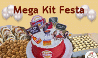 Mega Kit Festa Completíssimo! 01 bolo personalizado para 40 pessoas, 1 torta de frango, 100 salgados variados (coxinhas, bolinhas e risoles), 100 pasteizinhos, 100 canudinhos, 50 mini dogs, 50 mini pizzas e 100 brigadeiros, de R$900 por R$649.