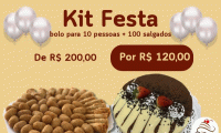 Kit Festa ideal para pequenas comemorações! Bolo para até 10 pessoas (prestígio, sonho de valsa, brigadeiro, limão ou crocante) + 100 Salgados, de R$200 por R$120. Delivery em Fortaleza, Caucaia e Maracanaú (taxa sob consulta)!